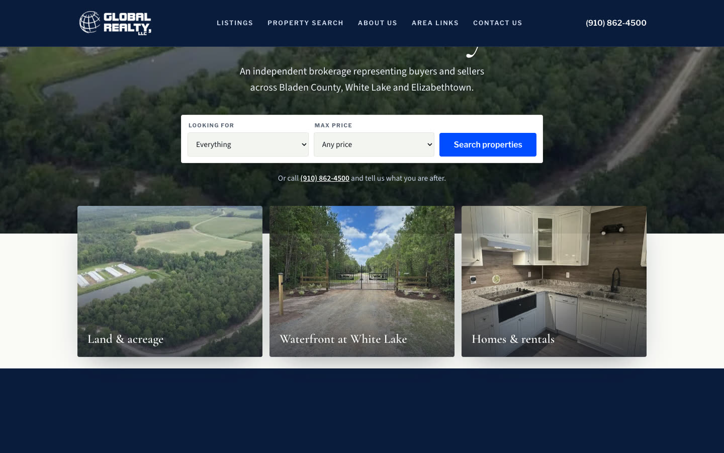 Global Realty homepage redesign, headline Land, lake and home in Bladen County