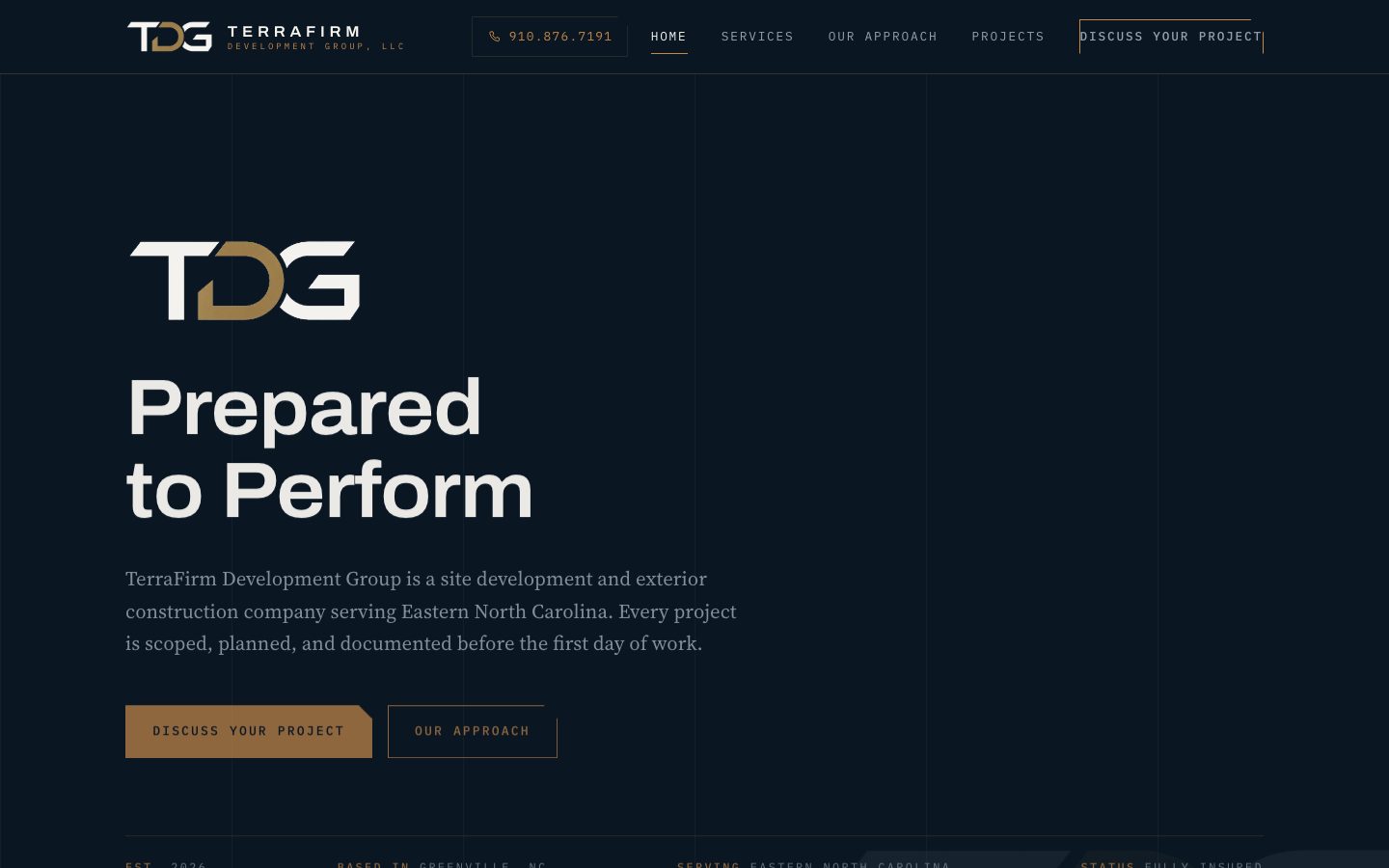 TerraFirm Development Group homepage, dark navy site with the headline Prepared to Perform