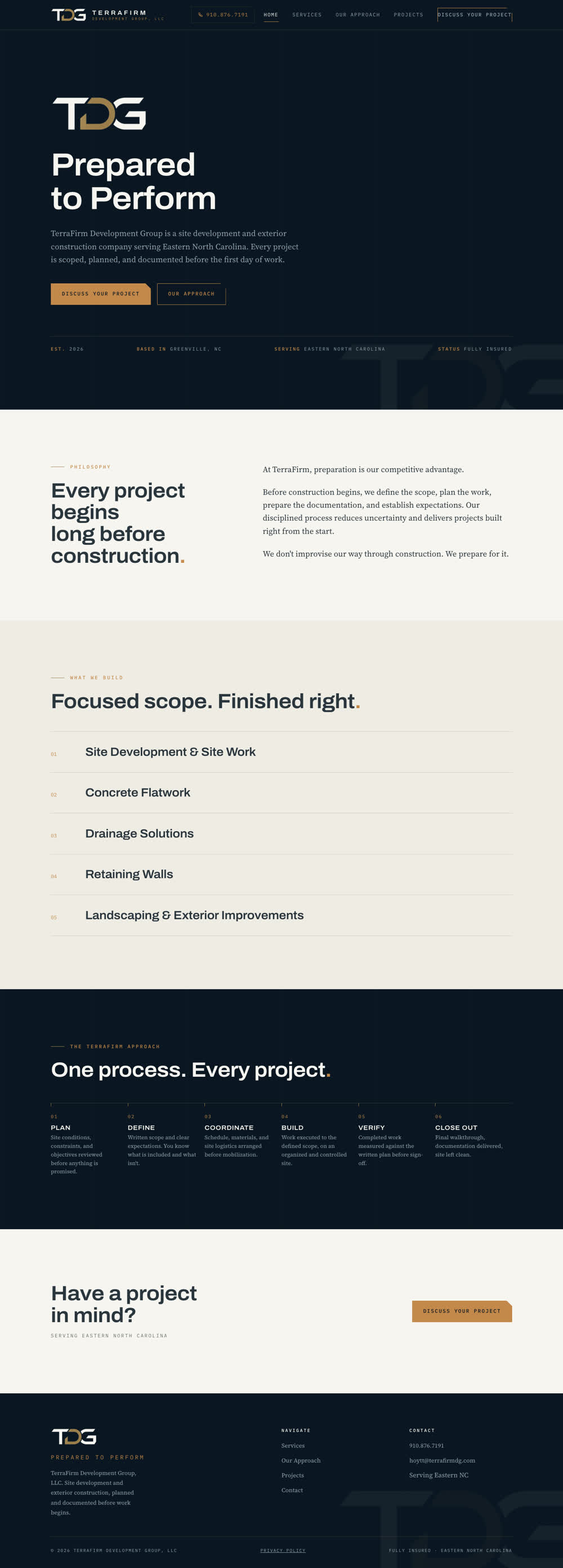 TerraFirm Development Group website, full page: dark navy site with the headline Prepared to Perform