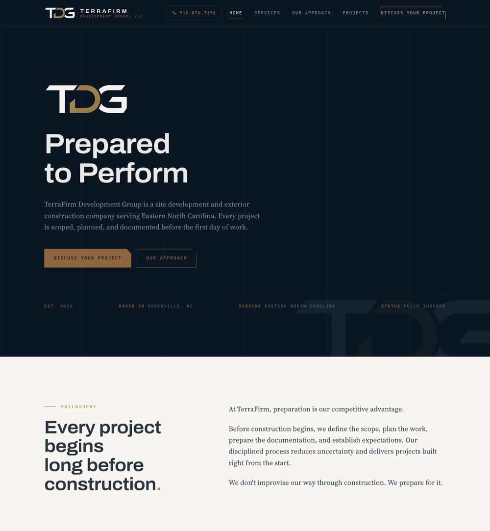The full TerraFirm page: services, project standards, and contact